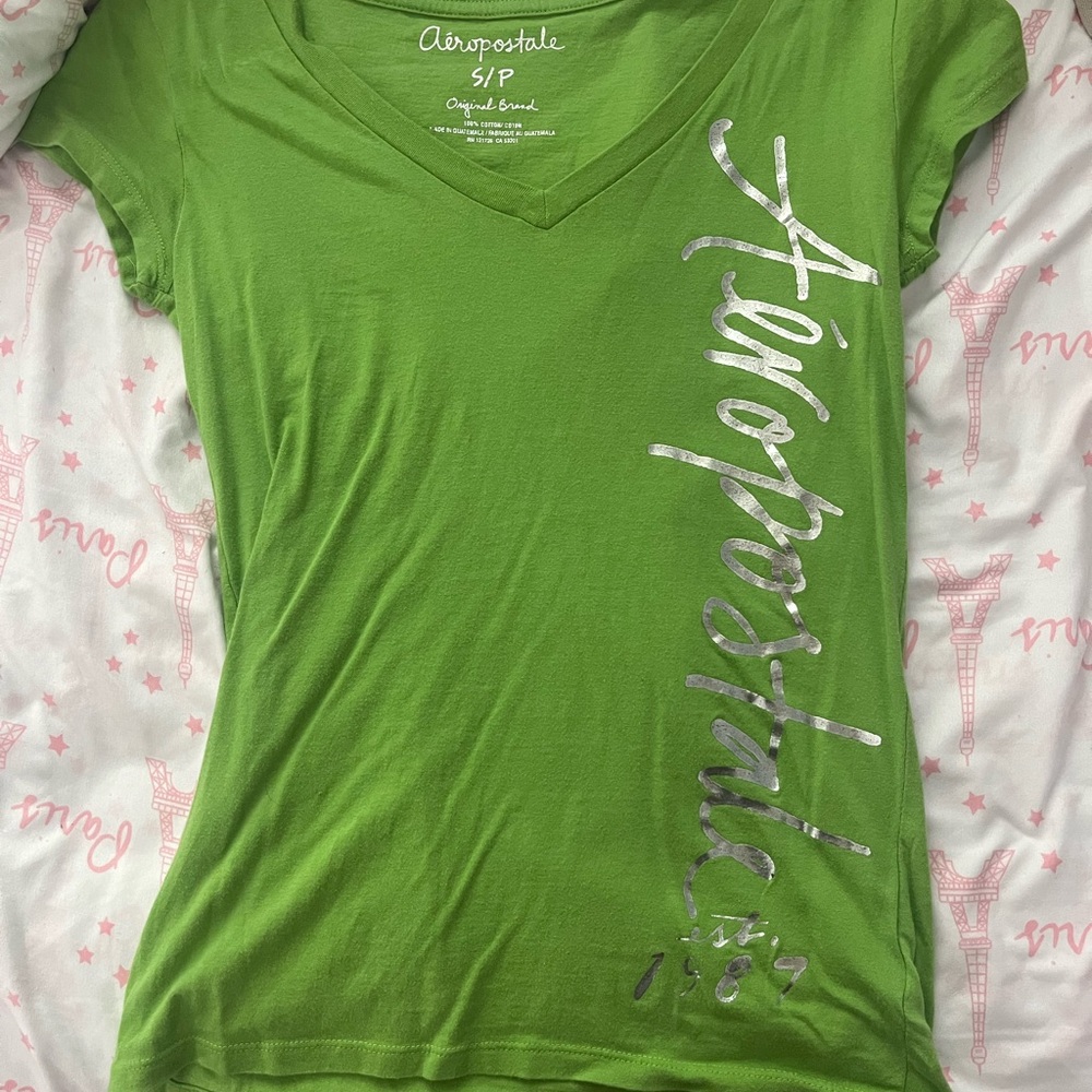 Aeropostale Women's Green Tee with Silver Logo